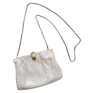 VTG La Regale Beaded Handbag Pearl White Tone Pouch Hinge Purse Crossbody Bag